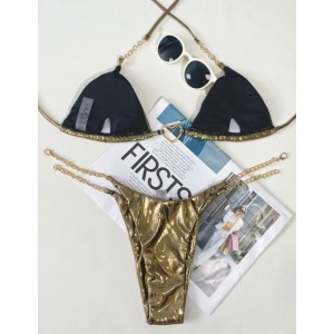 Costum de baie 2 piese metalizat cu inimioara si lanturi decorative, auriu #ZZ2747 - Img 6
