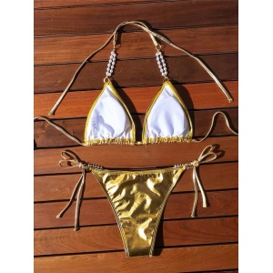 Costum de baie 2 piese metalizat cu perle decorative la slip si sutien, auriu #ZZ2848 - Img 8