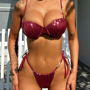 Costum de baie 2 piese metalizat cu push-up, slip reglabil, visiniu #ZZ2066