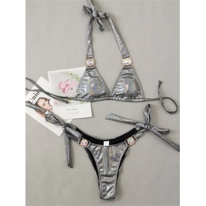 Costum de baie 2 piese metalizat cu slip brazilian si cristale decorative, argintiu #ZZ2115 - Img 8