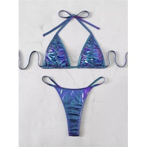 Costum de baie 2 piese metalizat, slip tanga cu cristale decorative, mov #ZZ2901 - Img 4