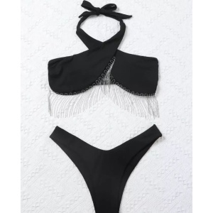 Costum de baie 2 piese reiat cu franjuri metalice la sutien, negru #ZZ2820 - Img 3