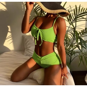 Costum de baie 2 piese reiat, slip cu talie inalta , verde neon #ZZ2866 - Img 5