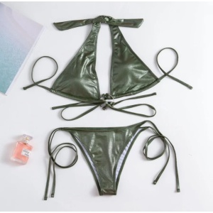 Costum de baie 2 piese sidefat cu catarama metalica la sutien si slip reglabil, verde kaki #ZZ2789 - Img 7
