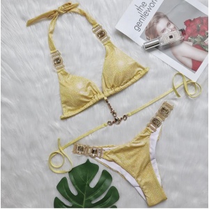 Costum de baie 2 piese sidefat cu cristale decorative, galben #ZZ2909 - Img 7