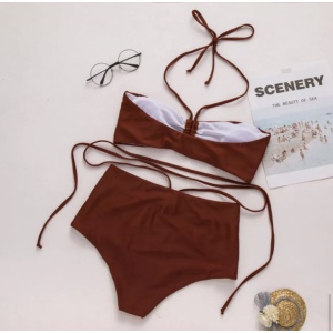 Costum de baie 2 piese, slip cu talie inalta, maro #ZZ2863 - Img 5