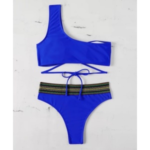 Costum de baie 2 piese, slip cu talie inalta, sutien pe un umar, albastru #ZZ2739 - Img 3