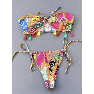Costum de baie 2 piese, sutien fara bretele si ciucuri decorativi, multicolor #ZZ2028 - Img 4