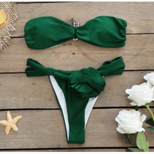 Costum de baie 2 piese, sutien fara bretele si slip cu trandafir aplicat, verde #ZZ2128 - Img 4