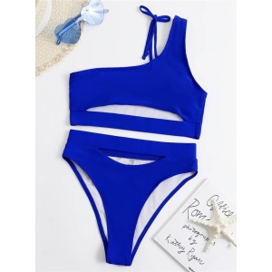 Costum de baie 2 piese, sutien pe un umar si slip cu talie inalta, albastru #ZZ2803 - Img 7