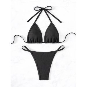 Costum de baie 2 piese tanga, slipe cu elemente metalice si cristale decorative, negru #ZZ2101 - Img 3
