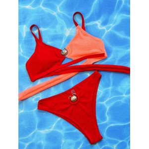 Costum de baie 2 piese texturat cu accesorii metalice aurii, rosu/portocaliu #ZZ2013 - Img 4