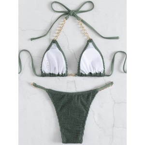 Costum de baie 2 piese texturat cu lantisoare decorative, verde #ZZ2781 - Img 3