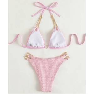 Costum de baie 2 piese texturat cu lantisoare metalice decorative, roz #ZZ2921 - Img 3