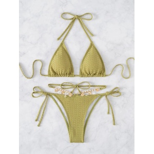 Costum de baie 2 piese texturat cu lantisor decorativ la slip, verde kaki #ZZ2763 - Img 2