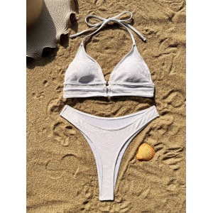 Costum de baie 2 piese texturat, cu slip tanga si model floral, alb #ZZ2064 - Img 4