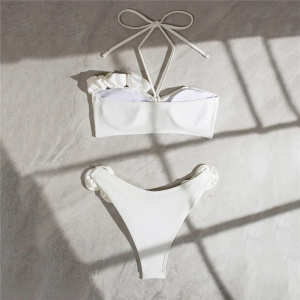 Costum de baie 2 piese texturat cu trabdafiri decorativi, alb #ZZ2053 - Img 11