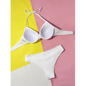 Costum de baie 2 piese texturat, cupe tari buretate, slip brazilian cu talie inalta, alb #ZZ2090 - Img 4
