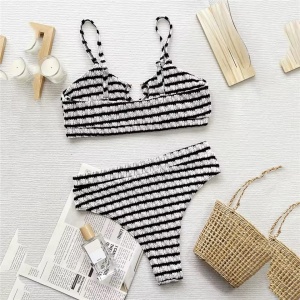 Costum de baie 2 piese texturat, in dungi, slip cu talie inalta, alb/negru #ZZ2055 - Img 3