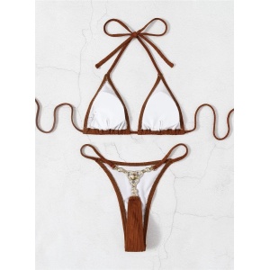 Costum de baie 2 piese texturat, slip tanga cu cristale decorative la spate, maro #ZZ2889 - Img 7