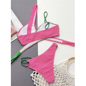 Costum de baie 2 piese texturat, sutien petrecut, roz fucsia/verde #ZZ2776 - Img 5