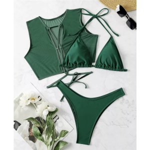Costum de baie 3 piese cu bluza scurta si slip brazilian, verde #ZZ3910 - Img 3