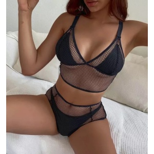 Costum de baie 3 piese cu bustiera si slip dublu, negru #ZZ3959