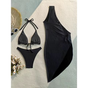 Costum de baie 3 piese cu catarame metalice, negru #ZZ3021 - Img 5