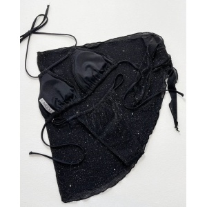 Costum de baie 3 piese cu esarfa, din material texturat cu sclipici, negru #ZZ2826 - Img 3