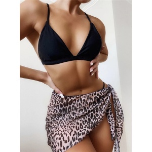 Costum de baie 3 piese cu esarfa imprimeu leopard, negru #ZZ3940