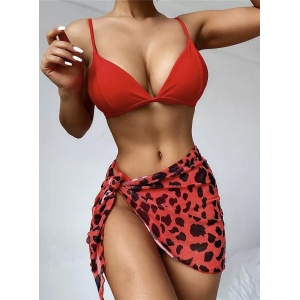 Costum de baie 3 piese cu esarfa imprimeu leopard, negru #ZZ3941