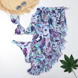 Costum de baie 3 piese cu fusta, imprimeu floral, multicolor #ZZ3932 - Img 2