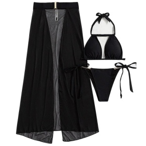 Costum de baie 3 piese cu fusta lunga din voal, elemente metalice decorative, negru #ZZ3923 - Img 2