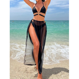 Costum de baie 3 piese cu fusta lunga din voal si accesorii metalice, negru #ZZ3018 - Img 5