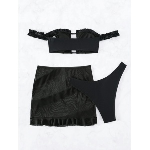 Costum de baie 3 piese cu fusta scurta si volane, negru #ZZ3909 - Img 11