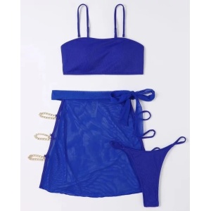 Costum de baie 3 piese cu fusta si lantisoare aurii decorative, albastru #ZZ3985 - Img 3