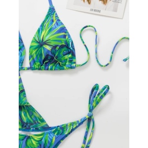 Costum de baie 3 piese cu halat de plaja, imprimeu exotic, verde/ albastru #ZZ3970 - Img 5