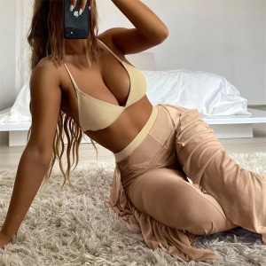 Costum de baie 3 piese cu pantalon lung semitransparent, bej #ZZ3946