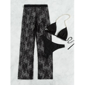 Costum de baie 3 piese cu pantaloni din dantela, sutien cu perle si slip brazilian, negru #ZZ3928 - Img 4