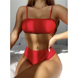 Costum de baie 3 piese cu rochie acurta si slip cu talie inalta, rosu #ZZ3912 - Img 4