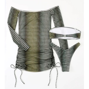 Costum de baie 3 piese cu rochie scurta, snururi reglabile, sutien fara bretele, negru/ kaki #ZZ3938 - Img 5