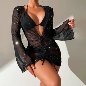 Costum de baie 3 piese cu rochita scurta decoltata si sclipici, negru #ZZ3920