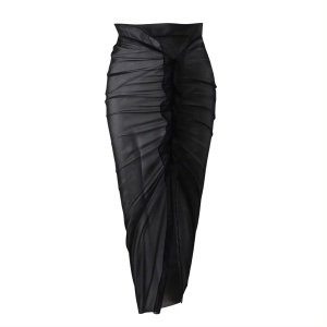 Costum de baie 3 piese, cu sutien fara bretele si fusta midi din voal, alb/ negru #ZZ3026 - Img 8