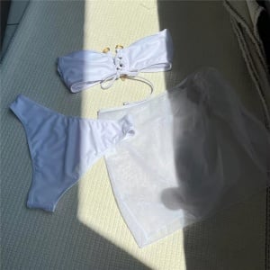 Costum de baie 3 piese, cu sutien fara bretele si fusta scurta din voal, alb #ZZ3029 - Img 6