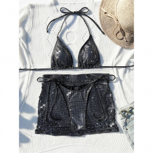 Costum de baie 3 piese metalizat, fusta scurta cu decupaje, argintiu #ZZ3016 - Img 9