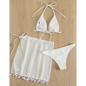 Costum de baie 3 piese reiat, fusta cu ciucurasi decorativi, alb #ZZ3951 - Img 4