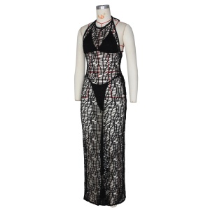 Costum de baie 3 piese, rochie lunga crosetata cu spatele gol, negru #ZZ3039 - Img 7