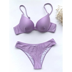 Costum de baie 3 piese satinat, cu esarfa, cupe buretate, lila #ZZ3971 - Img 5