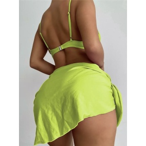 Costum de baie 3 piese satinat, cu esarfa, cupe buretate, verde neon #ZZ3983 - Img 3