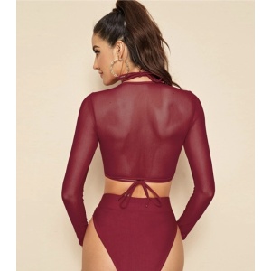 Costum de baie 3 piese sexy cu bluza scurta semitransparenta, visiniu #ZZ3926 - Img 2
